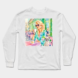 Girl and her pug in a Parisian cafe, watercolor painting Long Sleeve T-Shirt